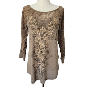 Miss Me Gold Embellished Top Womens L *1 FLAW READ Glam Bedazzled Festival Bling